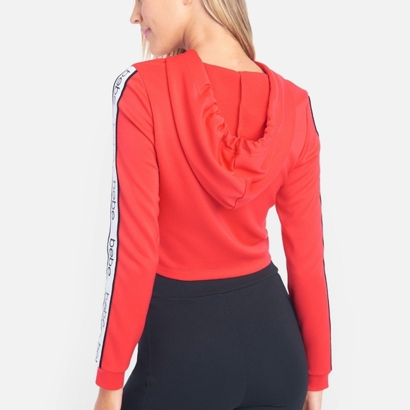 BEBE ✦ Red Pullover Hoodie ✦ Logo Sleeve Taping Waist-Length Athleisure Size XL - Picture 6 of 10